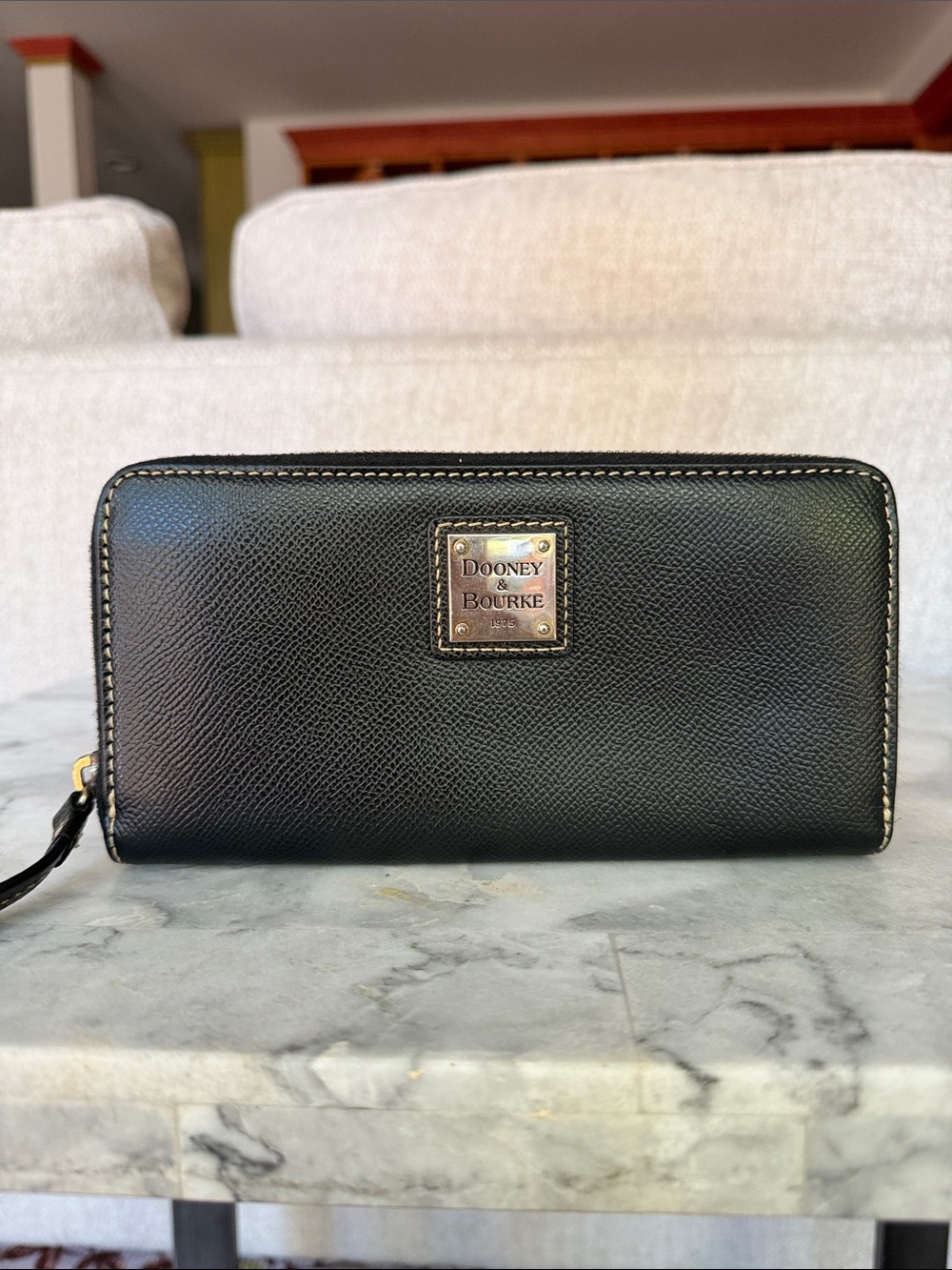 Dooney & Bourke Black Pebbled Leather Zip Wallet with Silver Plaque Continental